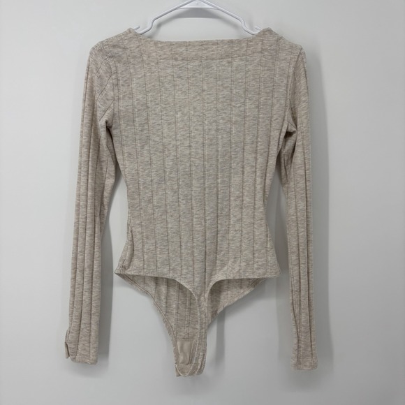 FREE PEOPLE Beige Long Sleeve Beside Me Ribbed Bodysuit Size Small Square Neck - Picture 2 of 7